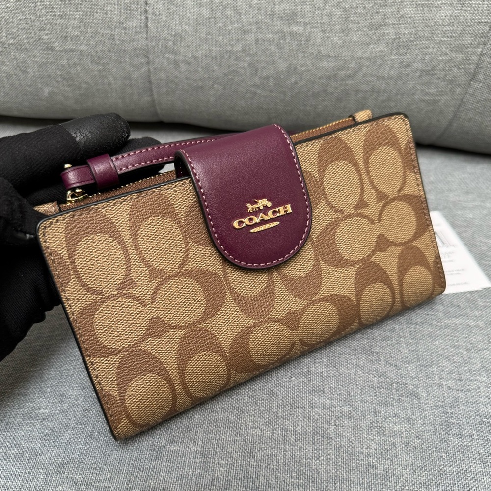 Coach Signature Canvas Wallet with Brown and Plum Leather Trim